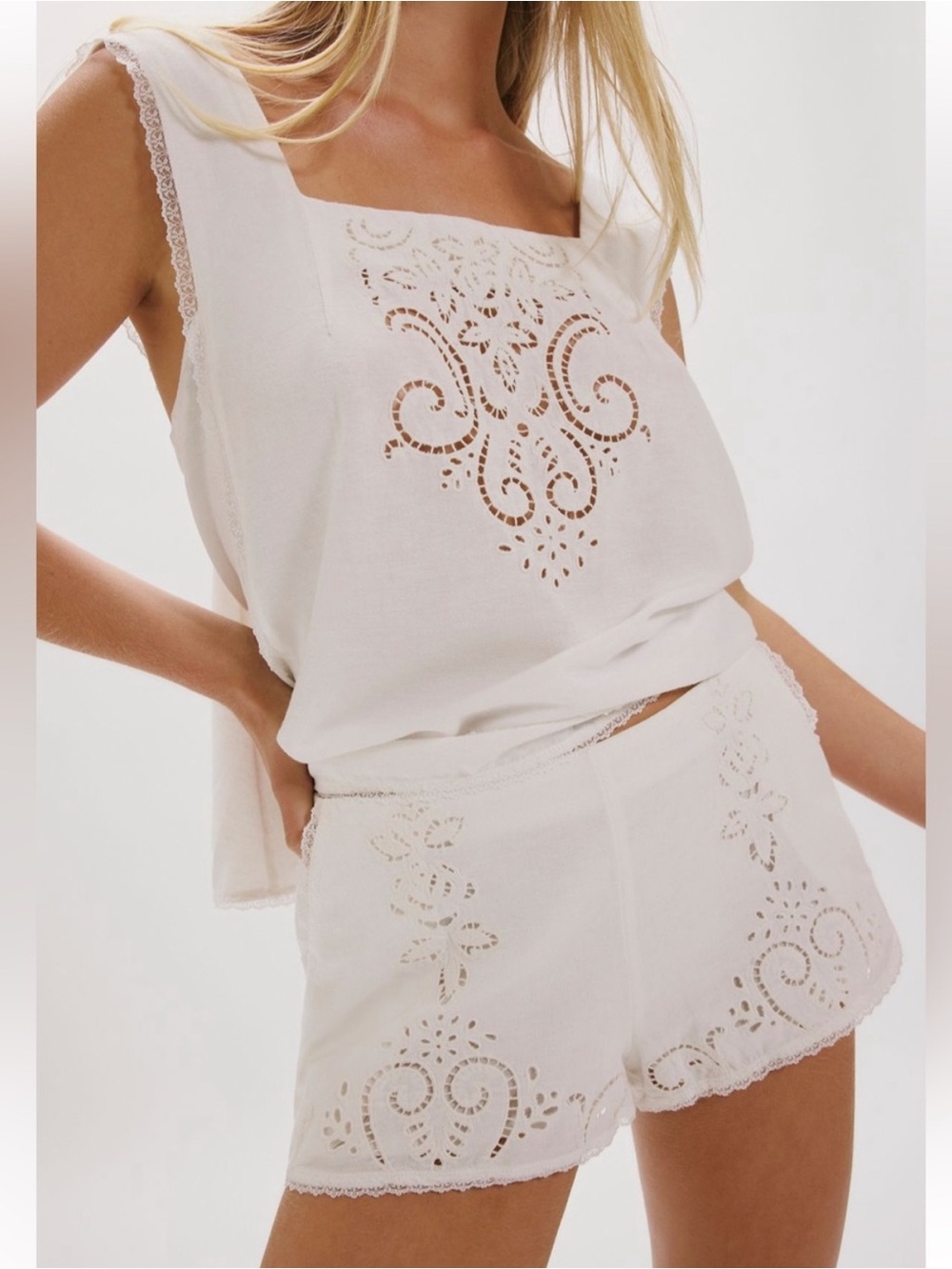 Free People True Charm Embroidered Short Set Linen Top Micro Shorts White XS NEW - Picture 10 of 10